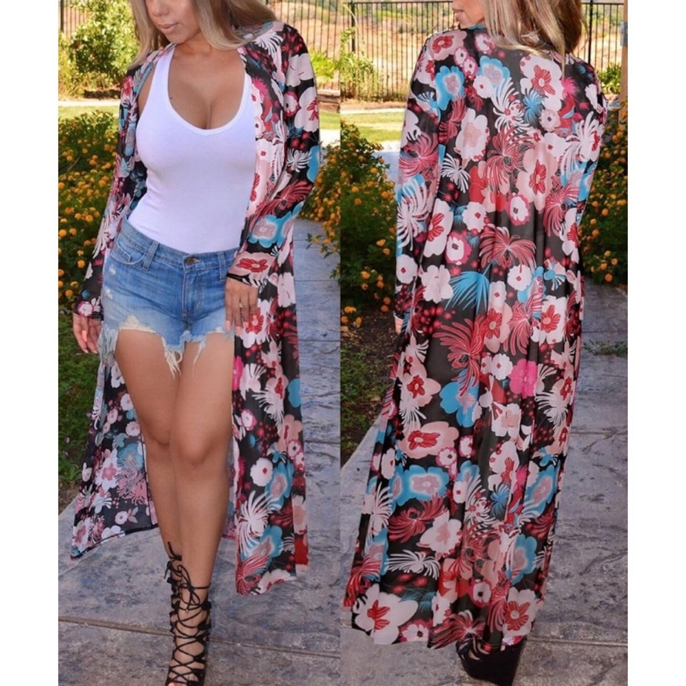 A. OK Coevolution Floral Print Mesh Long Sleeve duster shawl